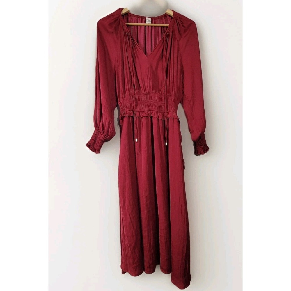 Elie Tahari Women's Red Satin Smocked Waist Boho Maxi Dress Long Sleeve